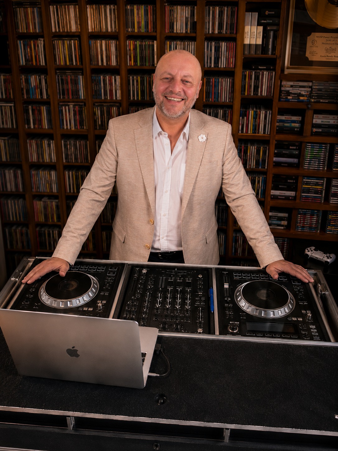 Portret DJ Pana Mario w eleganckim smokingu